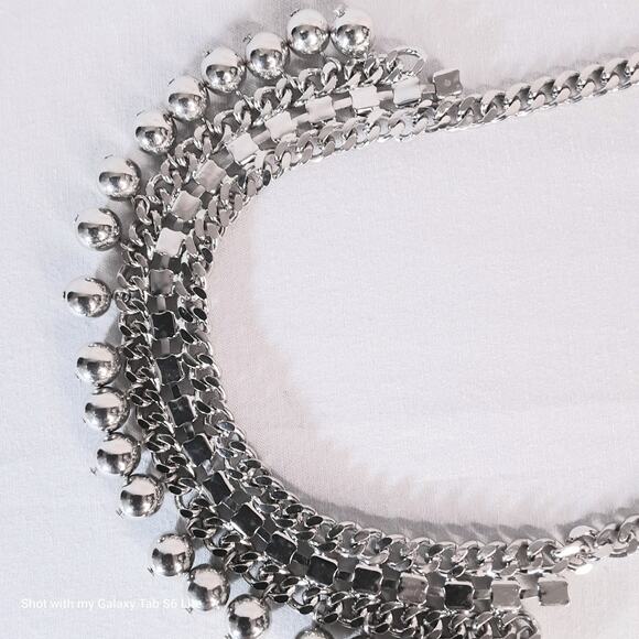 Silver Tone Bib Necklace Tribal Curb Chains Rhinestones And Beads - Picture 5 of 13
